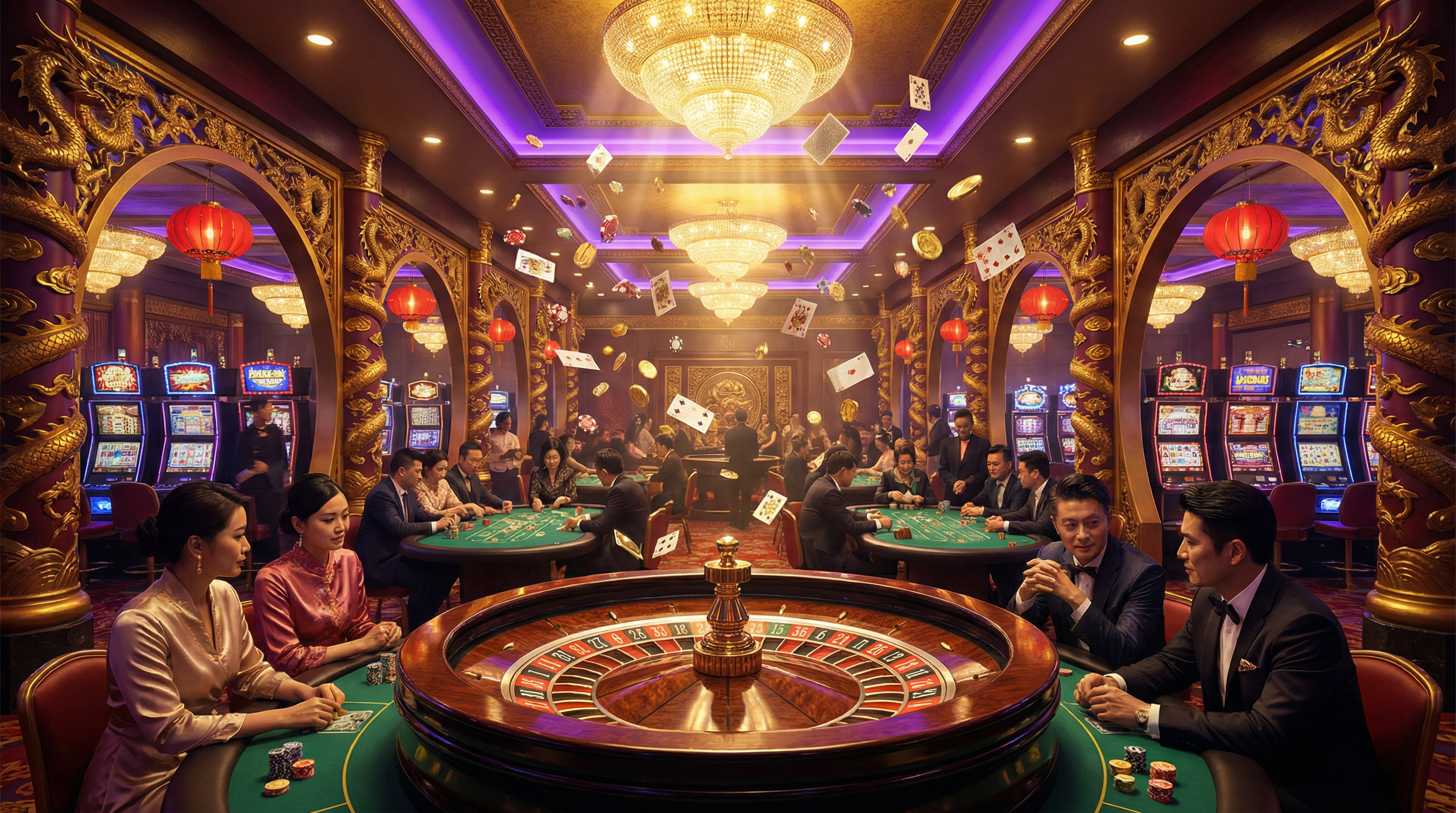 注册送彩金豪华博彩大厅展示,包含轮盘、扑克桌和老虎机